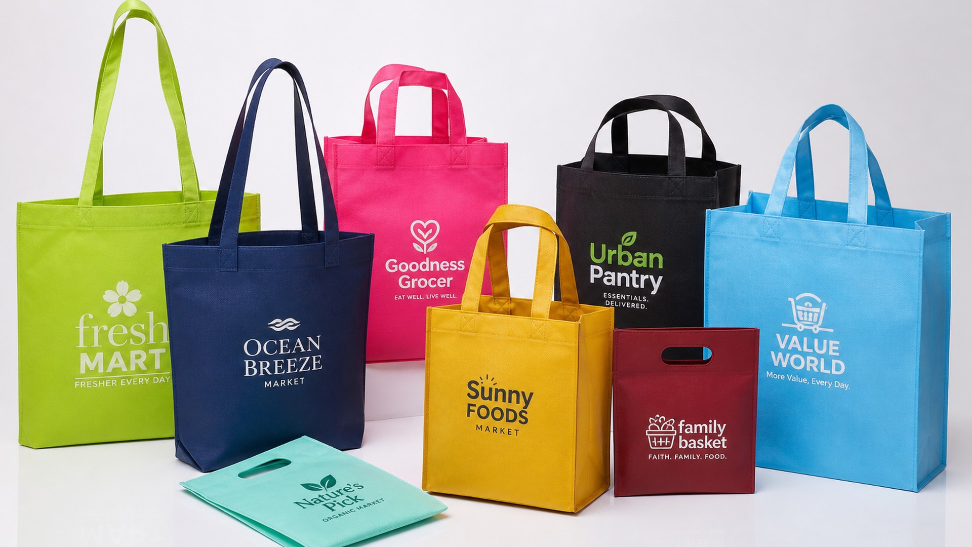 Diverse colors of reusable shopping bags